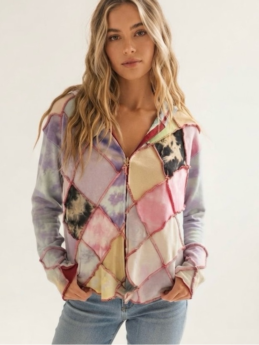 Shop Therapy Patchwork Multicolor Tie-Dye Zip Hoodie